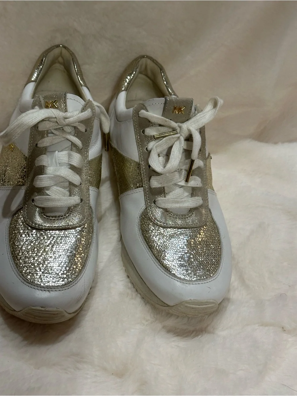 Michael Kors White and Gold Women's Sparkle Lace-Up Sneakers - Picture 2 of 10